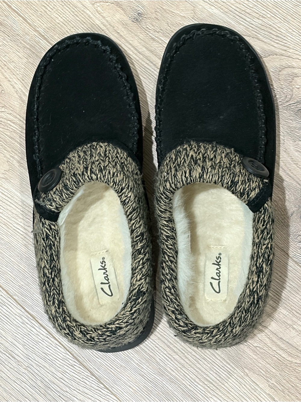 Clarks Black Suede & Tan Knit Faux-Fur Lined Women’s Slip-On Slippers